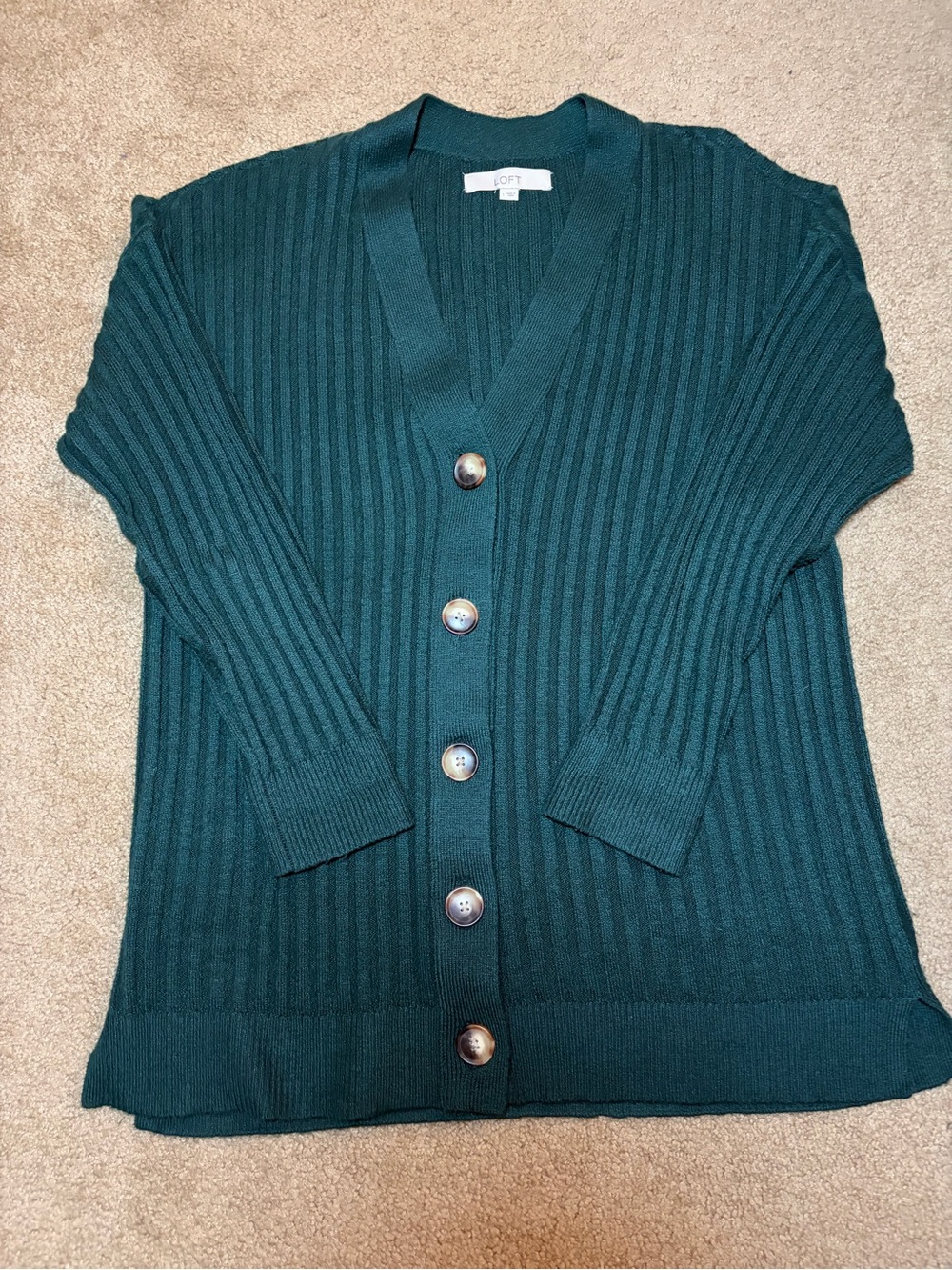 LOFT Teal Ribbed V-Neck Button Cardigan